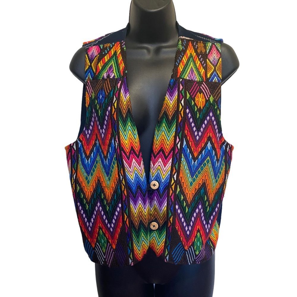 Vintage Colorful Woven Southwestern Two Button Vest Sz M - Picture 12 of 12